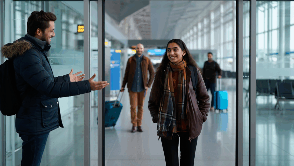 Wiedersehen am Flughafen zwischen deutschem Mann und pakistanischer Frau
