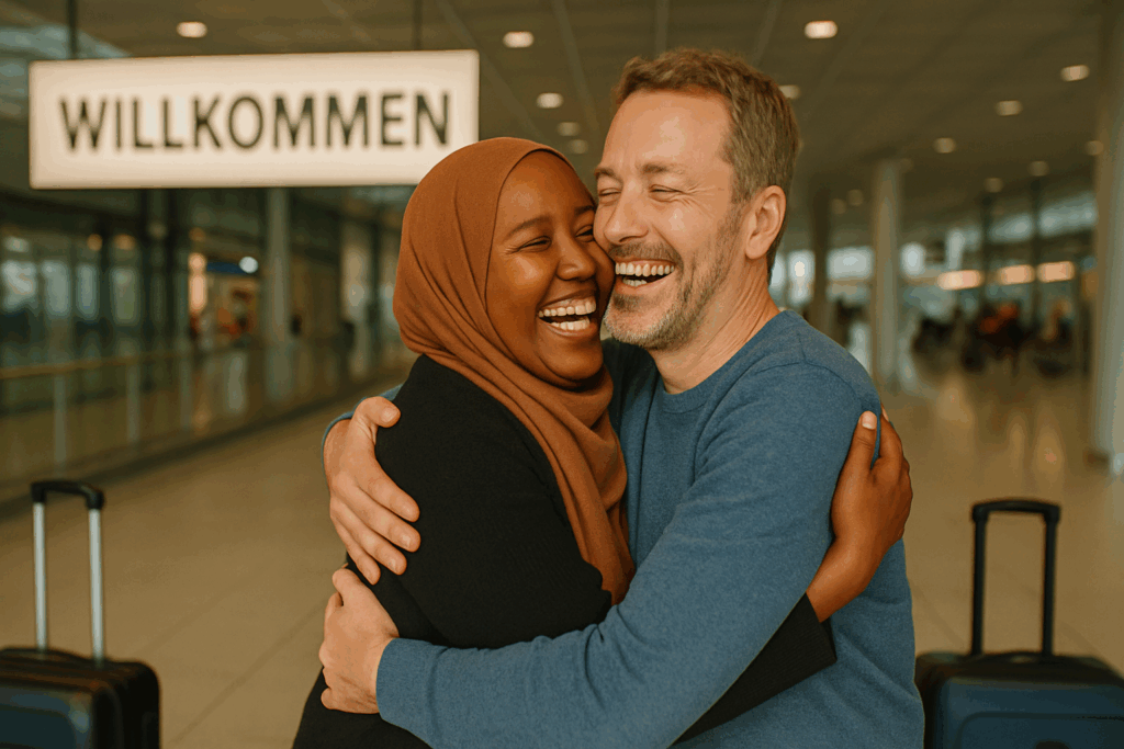 Somali-deutsches Paar trifft sich nach erfolgreichem Besuchervisum am Flughafen
