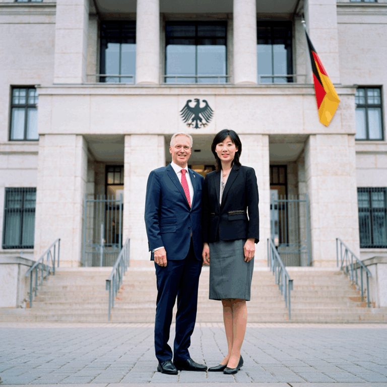 Deutscher Mann und chinesische Frau vor deutscher Botschaft – Einladung China nach Deutschland