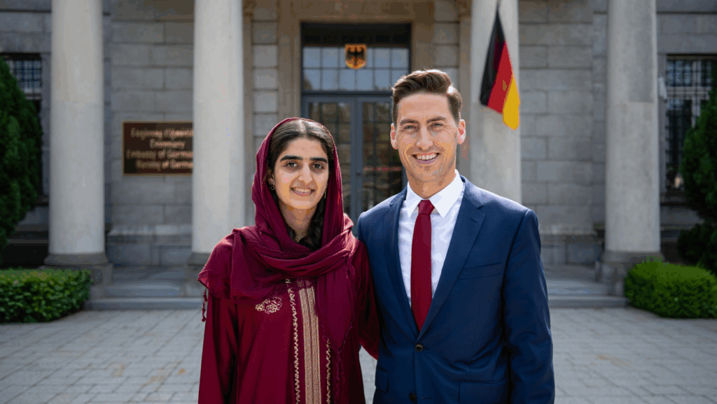 Deutsch-iranisches Paar vor deutscher Botschaft – Einladung Iran nach Deutschland