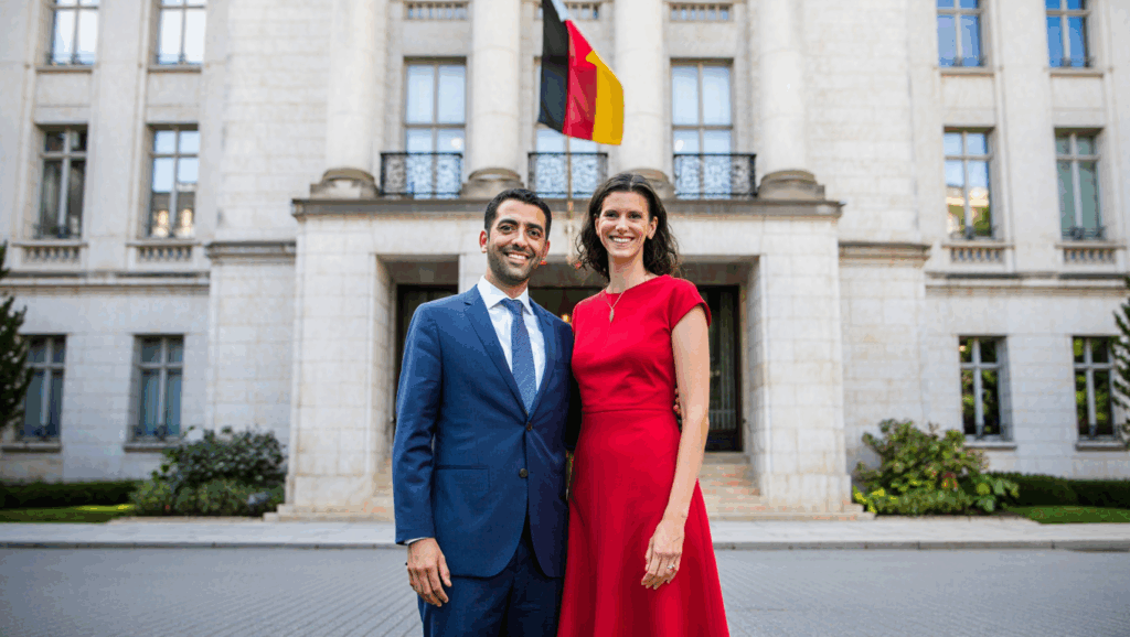 Glückliches Paar, ein libanesischer Partner mit seinem deutschen Partner vor einer deutschen Botschaft