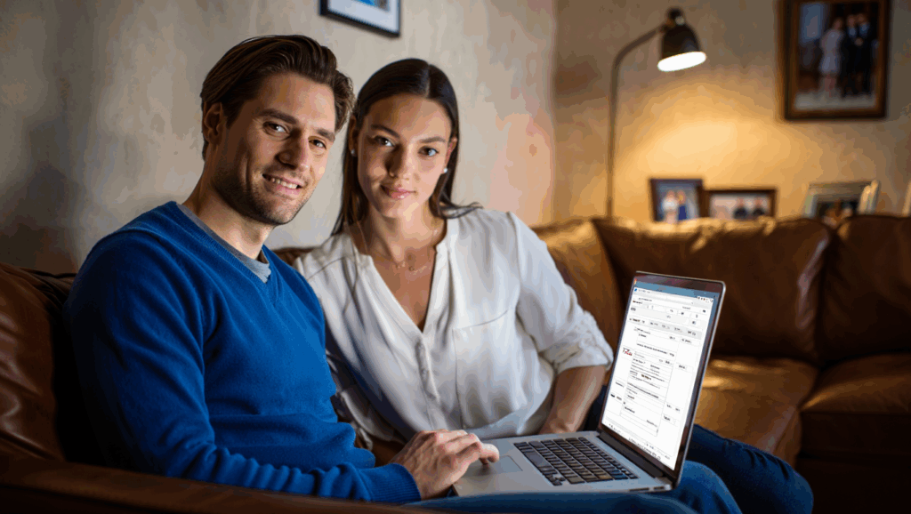 Deutscher Mann und russische Frau schauen gemeinsam auf einen Visumantrag am Laptop