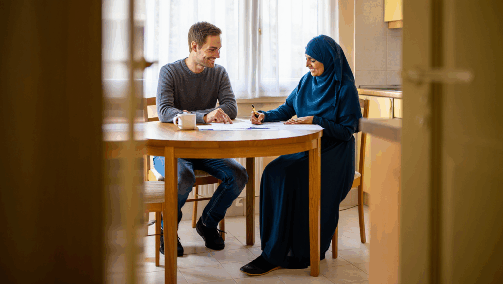 Deutscher Mann und saudische Frau füllen gemeinsam den Visumantrag aus