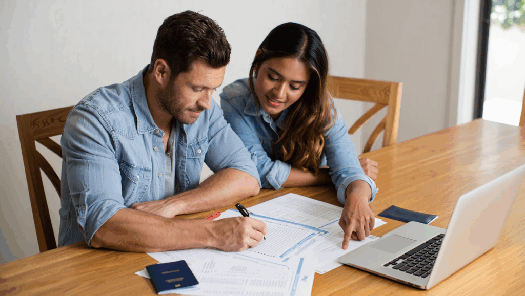 German man and Ecuadorian woman filling out Schengen visa application together at home