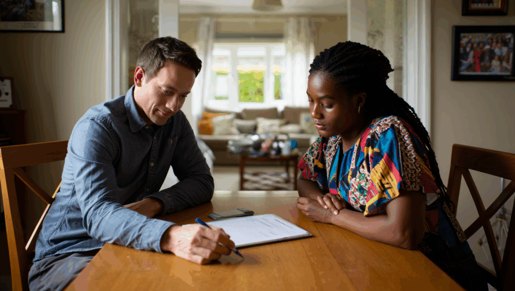 German man and Guyanese woman filling out visa application form together at home