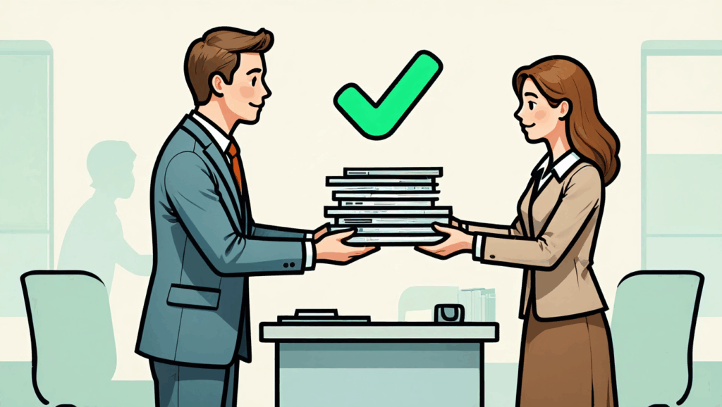 Comic-Illustration – Experte hilft Paar bei Unterlagenprüfung für erfolgreiches Visum.