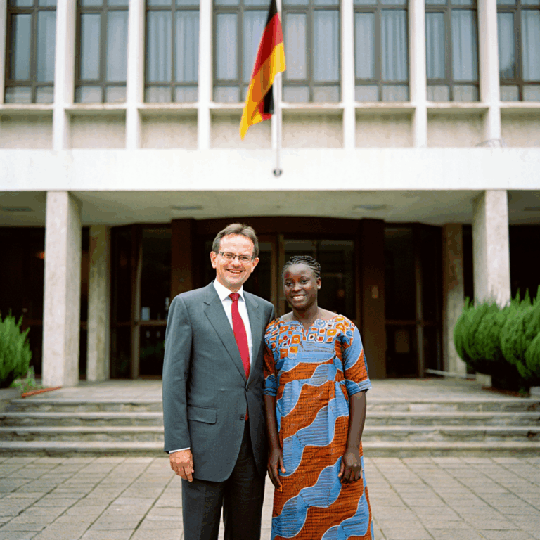 Deutscher Mann mit Partnerin aus Benin vor deutscher Botschaft – Einladung Benin nach Deutschland