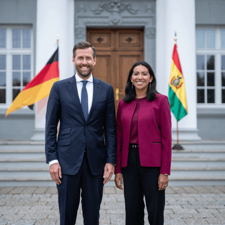 Deutscher Mann und bolivianische Frau vor deutscher Botschaft – Einladung Bolivien nach Deutschland