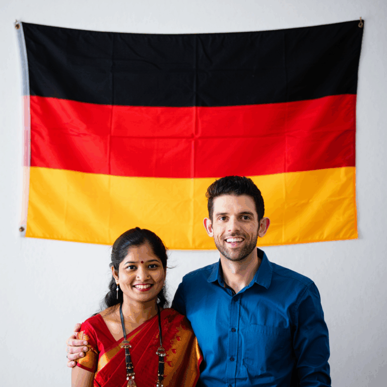 Deutsch-nepalesisches Paar vor deutscher Flagge – Familienzusammenführungsvisum Nepal Deutschland