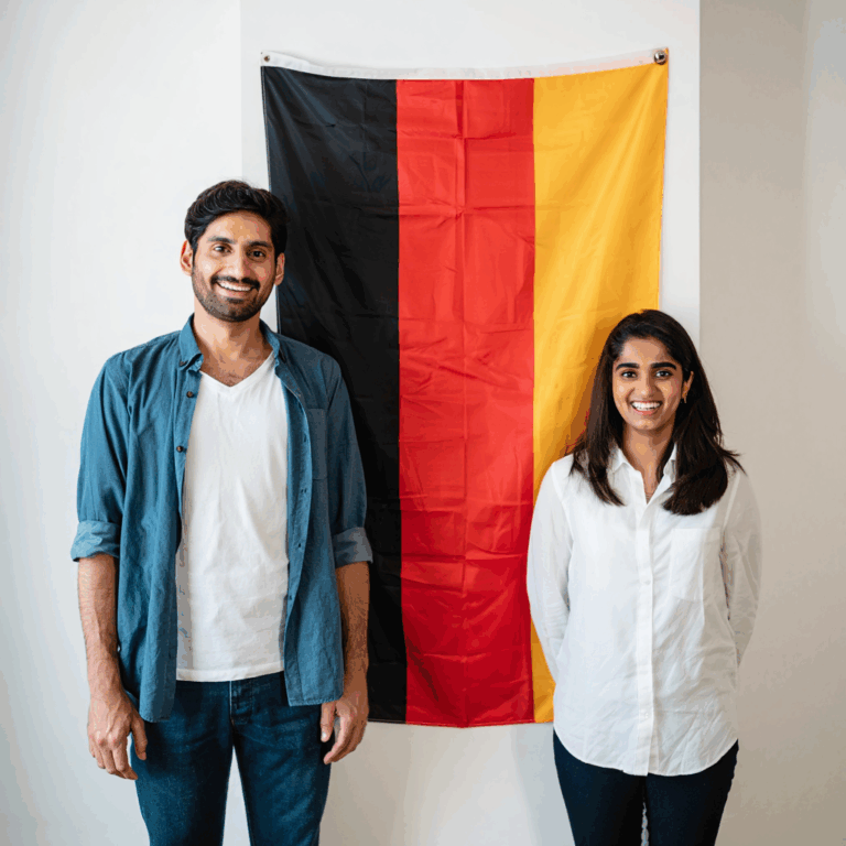 Glückliches deutsch-pakistanisches Paar vor deutscher Flagge – Familienzusammenführungsvisum Pakistan Deutschland