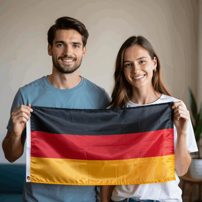 Glückliches deutsch-russisches Paar vor deutscher Flagge – Familienzusammenführungsvisum Russland Deutschland