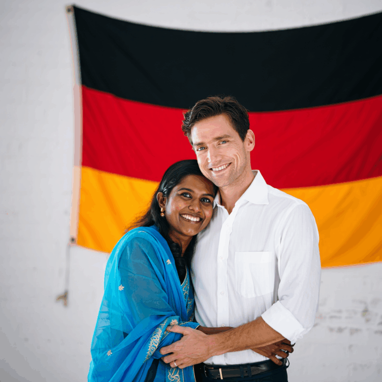 Glückliches deutsch-srilankisches Paar vor deutscher Flagge – Familienzusammenführungsvisum Sri Lanka Deutschland